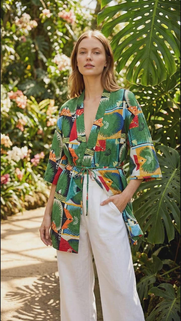 Palm Mosaic Wrap Dress for Women – Tropical Print V-Neck Boho Resort Dress