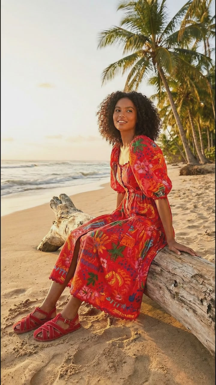 Farm Rio puff sleeves good vibes midi dress
