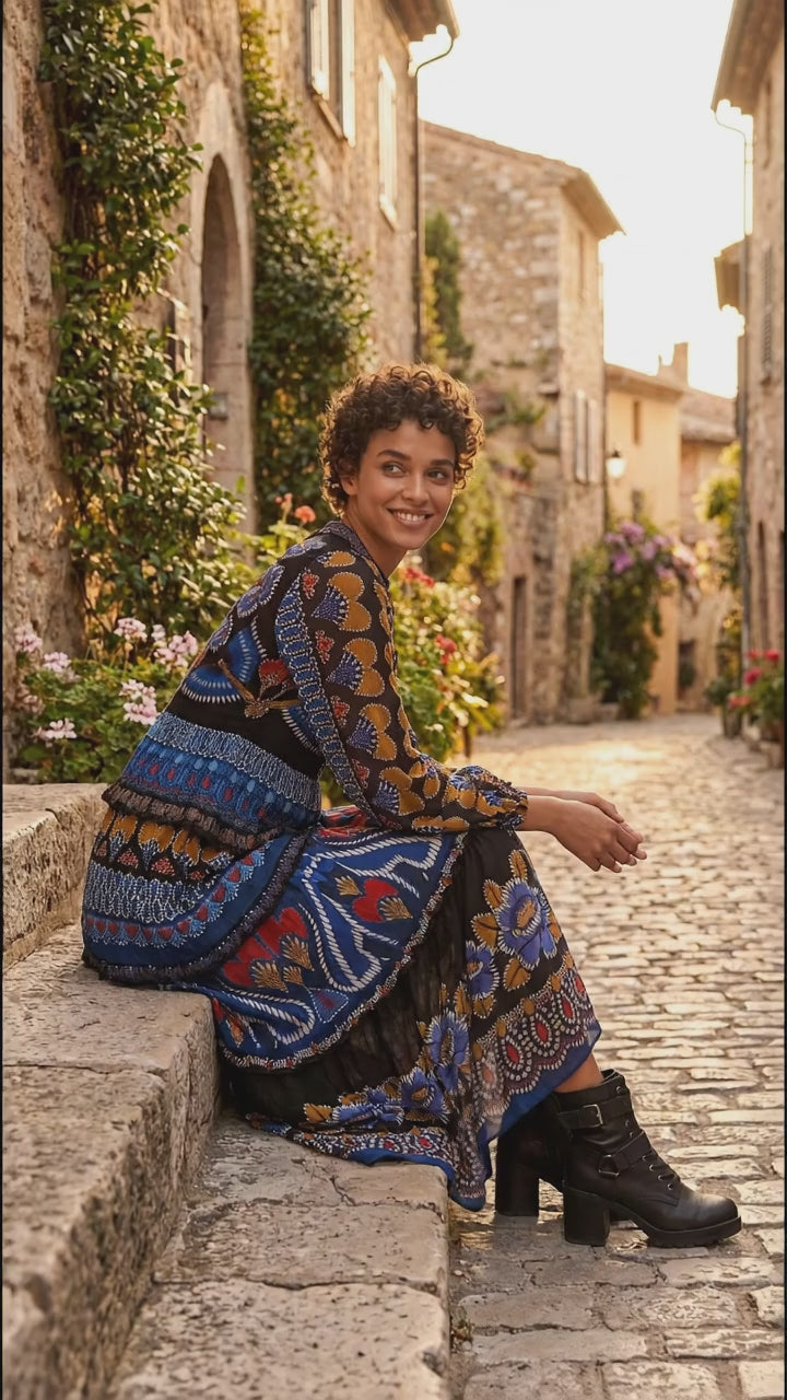Farm Rio Ainika Sparkle Long-Sleeve Maxi Dress