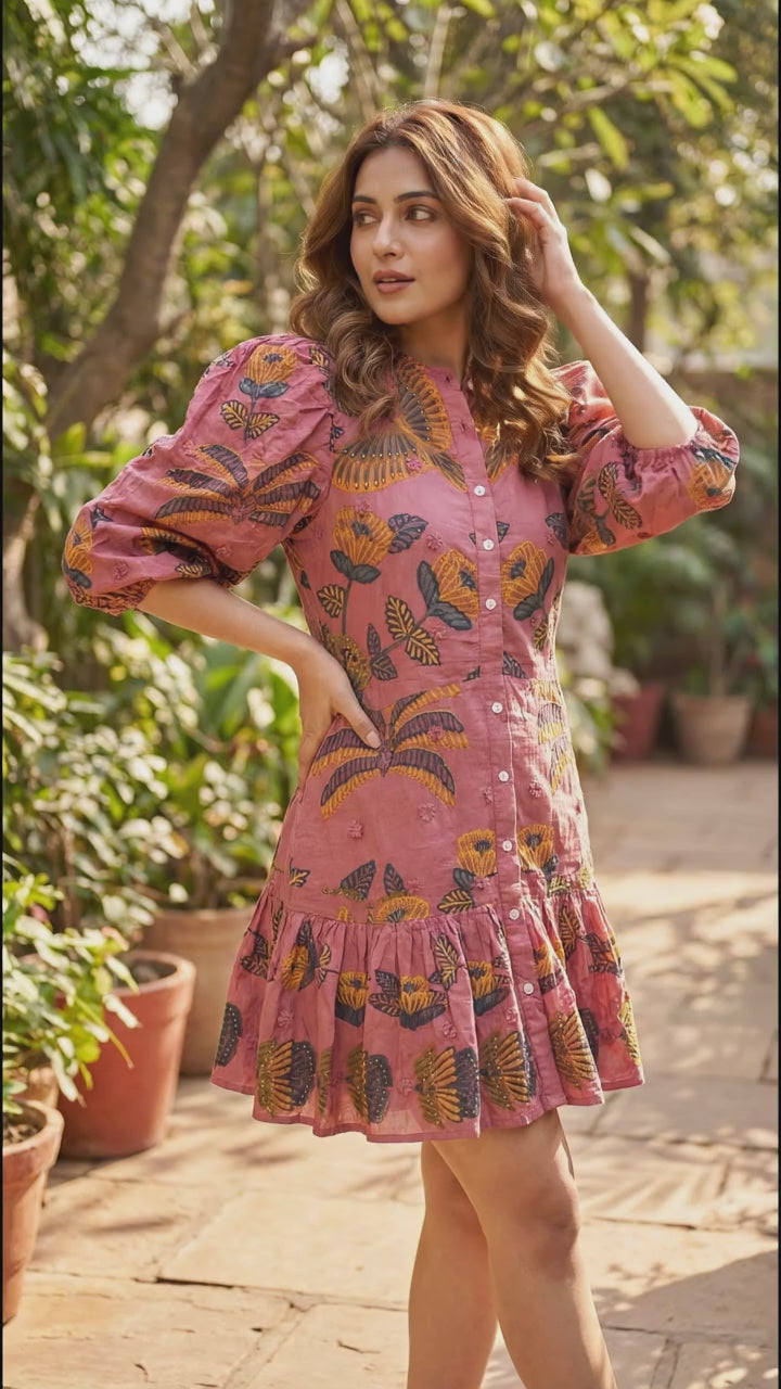 Farm Rio Blush Living Bloom Short Sleeve Mini Dress