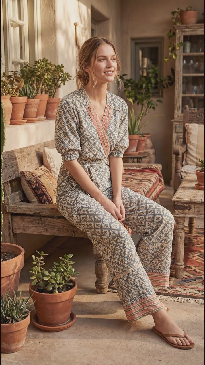 FARM Rio • NWT Mushroom Print Mixed Print Wrap Jumpsuit Belted Wide Leg Midi