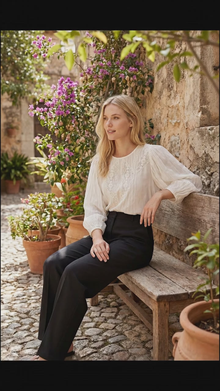 FARM Rio Ivory Lace Yoke Peasant Top – Long Sleeve Boho Blouse for Women