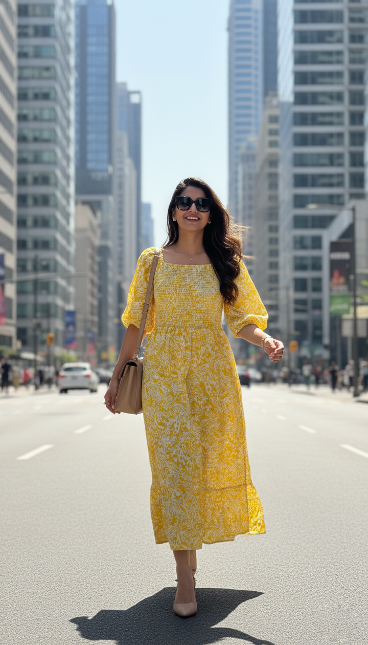 August Yellow Floral Smocked Midi Dress with Puff Sleeves – Elegant Summer Outfit for Women