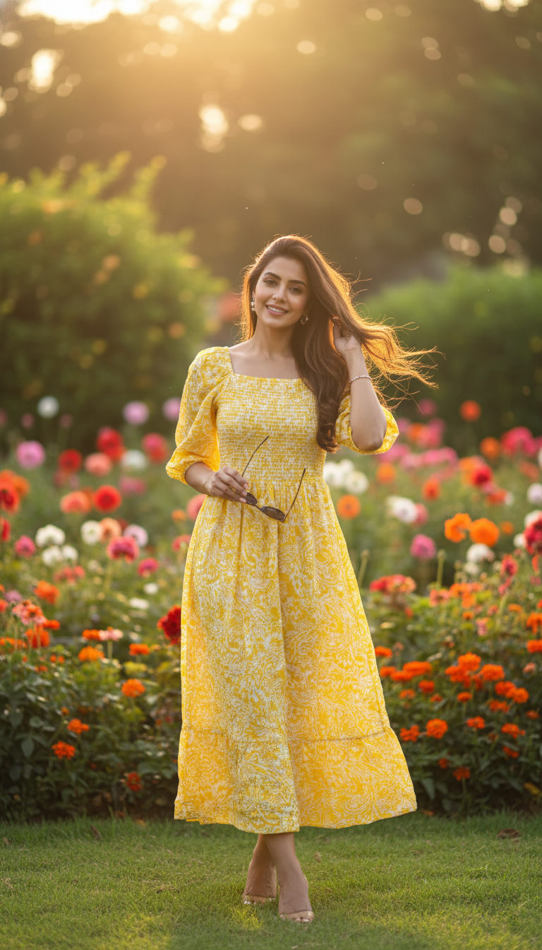 August Yellow Floral Smocked Midi Dress with Puff Sleeves – Elegant Summer Outfit for Women
