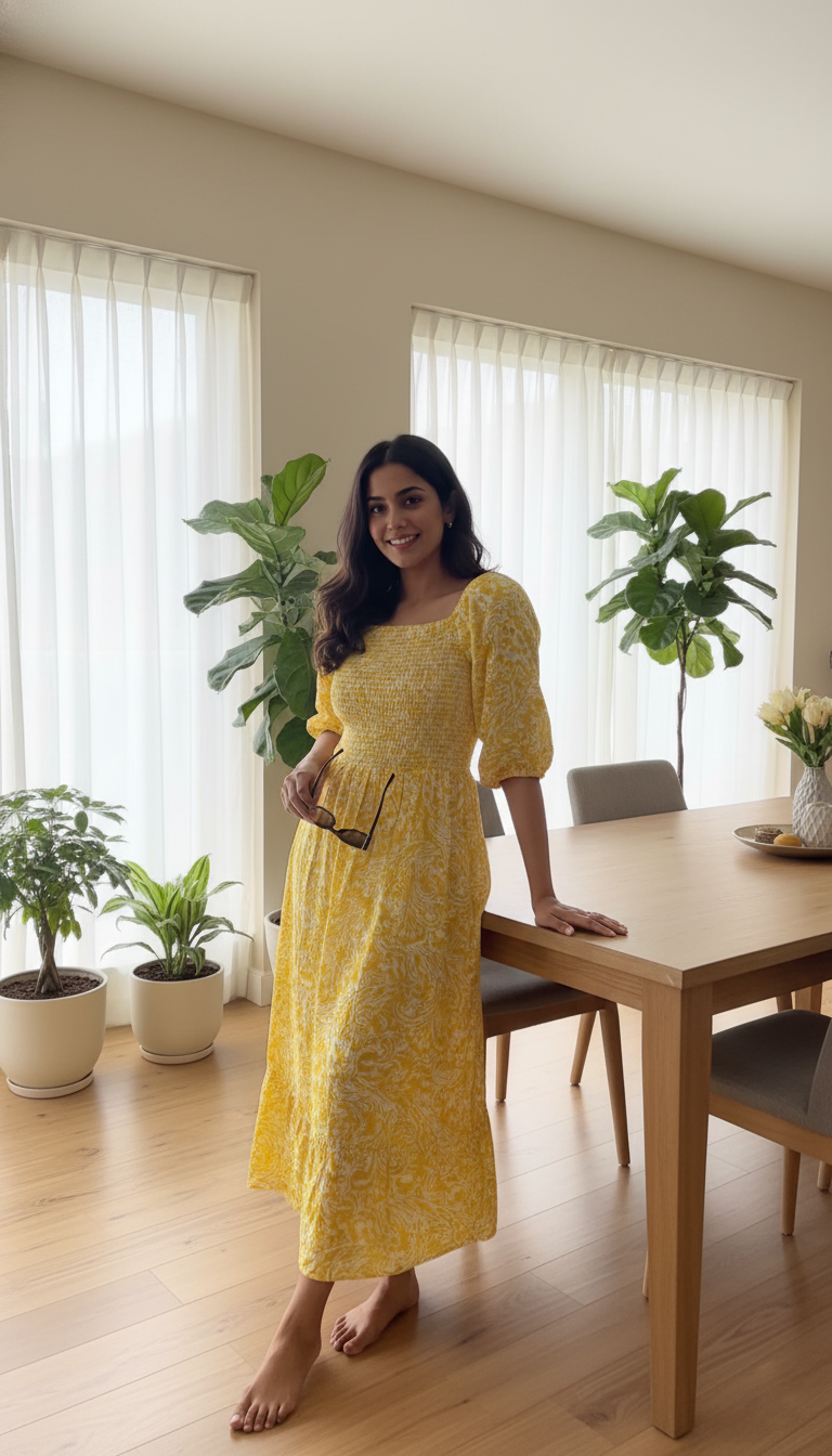 August Yellow Floral Smocked Midi Dress with Puff Sleeves – Elegant Summer Outfit for Women