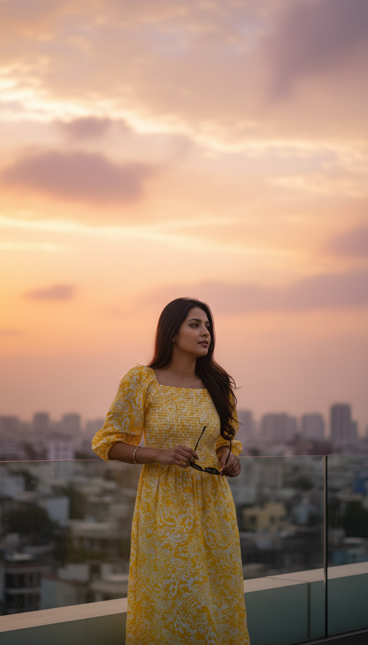 August Yellow Floral Smocked Midi Dress with Puff Sleeves – Elegant Summer Outfit for Women